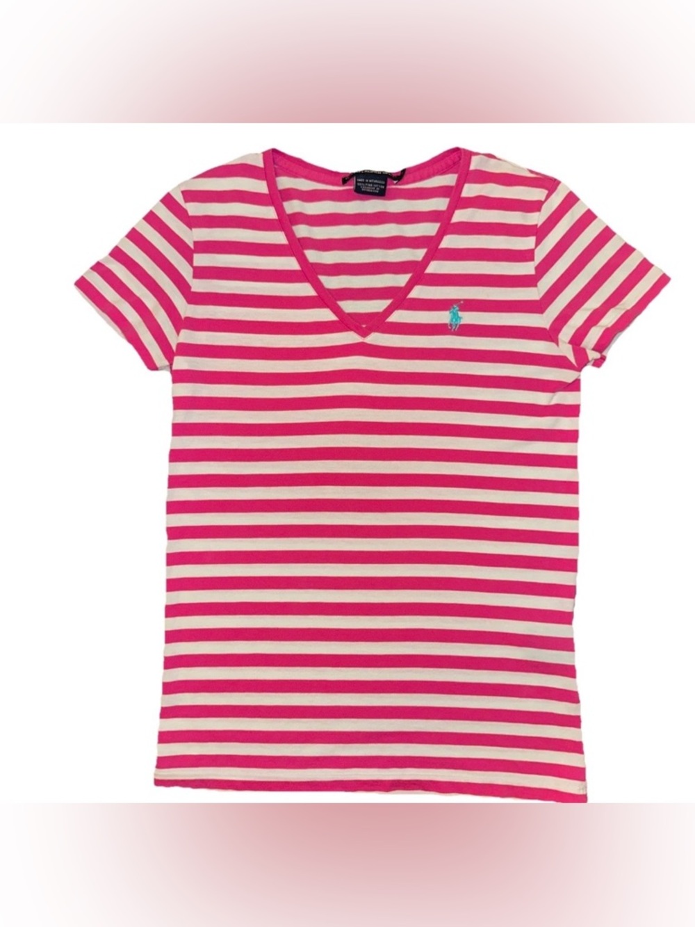 Ralph Lauren Sport Womens S Pima Cotton Striped V Neck T-Shirt Pink White